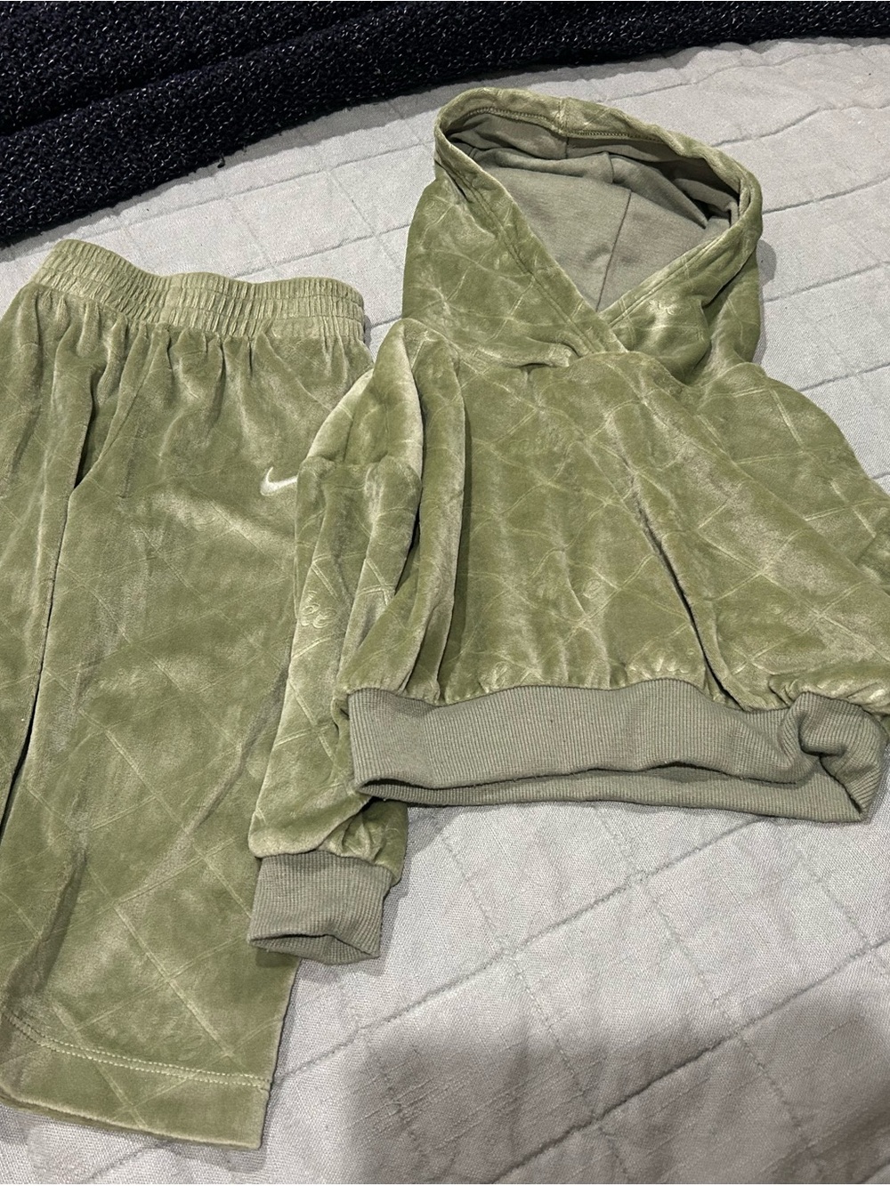 Nike Olive Green Velour Kids Matching Hoodie & Pants Set